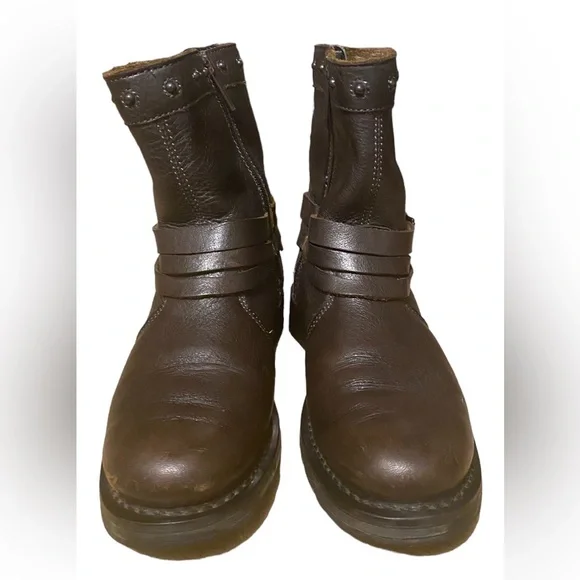 Harley Davidson Mandy Brown Black Leather Biker Slate Buckle Ankle Boots 6W - Picture 10 of 13